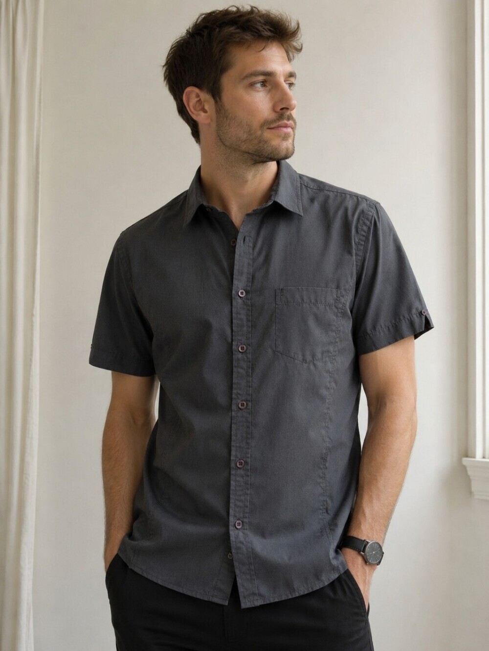Le 31 Simons Regular Fit Short Sleeve Button-Up Shirt Charcoal Gray Men's Small
